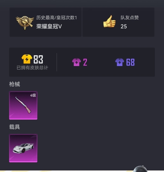 可二次【1载具1特效枪】 安卓Q区-7371热力值--16套装-24枪皮 【1载具】 帕加尼imola(艺术银)【1特效枪】 Kar98K-巳巳如意(4级)【4热门】 白色伏地魔 MG3-幻世战舞者