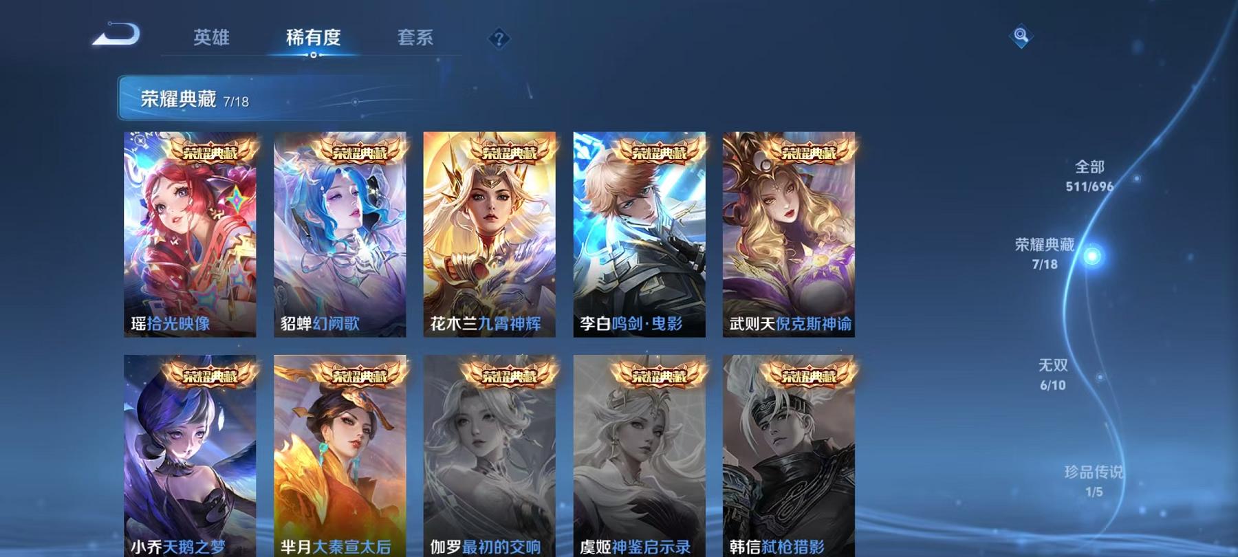 可二次【V10女号511皮肤89传说8水晶6无双5星元1珍品瑶全皮】安卓QQ-124英雄-511皮肤【8水晶】 武则天 拾光映像 幻阙歌 九霄神辉 鸣剑·曳影 天鹅之梦 大秦宣太后 倪克斯神谕【无双
