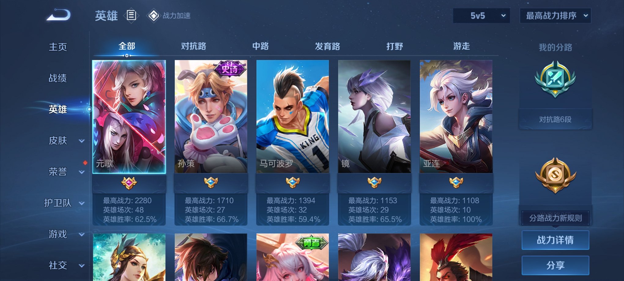可二次【1传说】安卓V区-58英雄-26皮肤【传说皮肤】鸣野蒿【史诗皮肤】顽岩魄 天穹之誓 幽灵船长 魅力维加斯 暗隐猎兽者 猫狗日记 水果甜心 节奏热浪【勇者皮肤】噬灭天穹 魅影绮裳 阿尔法小队 