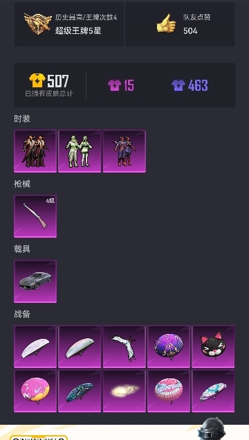 可二次【3粉装1特效枪1载具】 安卓Q区-46409热力值-4印记-92套装-151枪皮 【1载具】 兰博轿车灰色【3粉装】 星之彼岸 炙焰牛王 碧影闪光【1特效枪】 Kar98K-巳巳如意(4级)