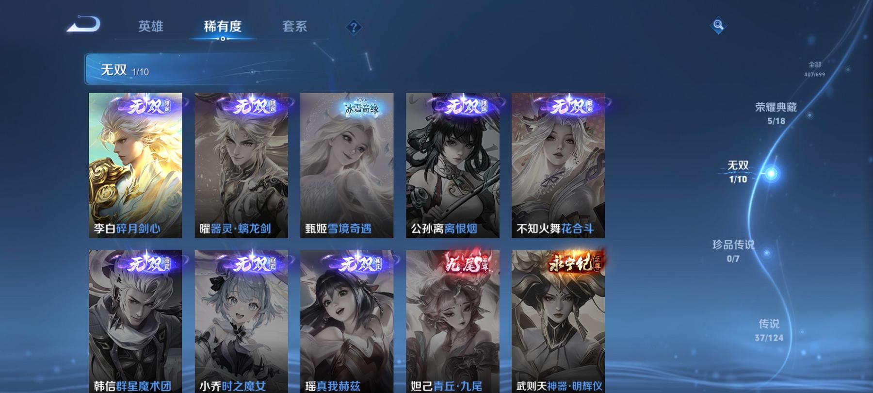 可二次【V10 407皮肤6水晶37传说3星元1无双】安卓QQ-125英雄-407皮肤【6水晶】 武则天 幻阙歌 银白咏叹调 天鹅之梦 星空梦想 无限飓风号【无双皮肤】碎月剑心【星元皮肤】未来机甲 