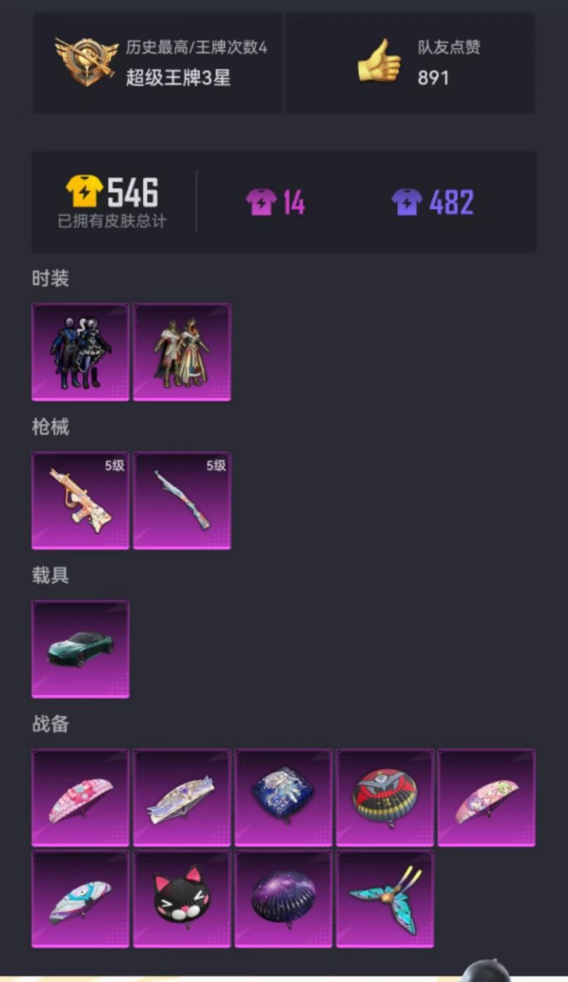 可二次【1载具2粉装2特效枪】 安卓Q区-44507热力值-4印记-133套装-149枪皮 【1载具】 阿斯顿马丁S绿色【2粉装】 暗夜玫瑰 华贵君王【2特效枪】 Kar98K-巳巳如意(5级) A