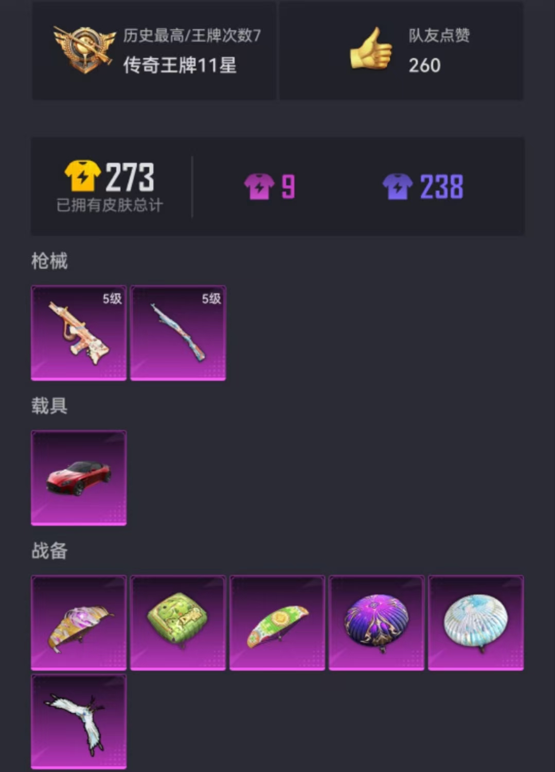 可二次【1载具2特效枪】 苹果Q区-22411热力值-7印记-56套装-81枪皮 【1载具】 阿斯顿马丁S红色【1稀有】 奇异狩猎者【2特效枪】 Kar98K-巳巳如意(5级) AUG-暖羊咩咩(5