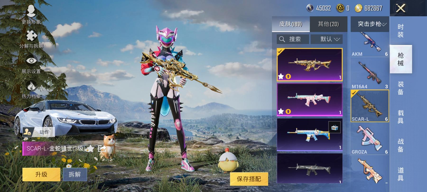 【女号猪脸妹满级心之恋语13粉装7特效枪2载具】 安卓Q区-65214热力值-14印记-165套装-189枪皮 【2载具】 护世瑞兽 宝马i8(离子银)【1稀有】 SCAR-L-粉色回忆【13粉装】