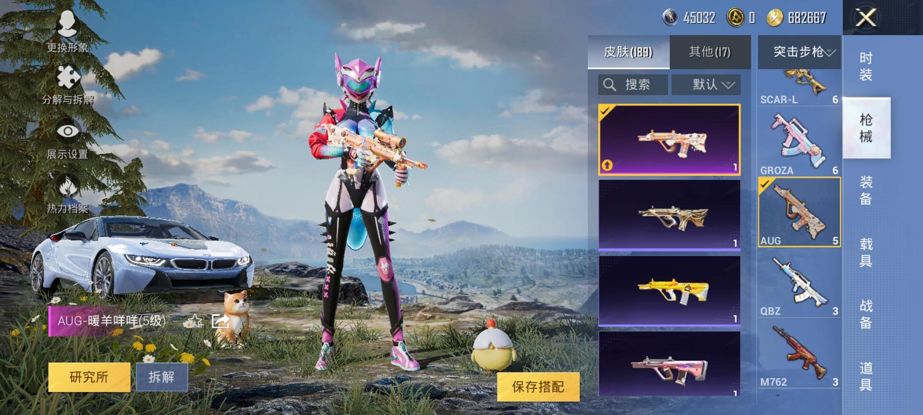 【女号猪脸妹满级心之恋语13粉装7特效枪2载具】 安卓Q区-65214热力值-14印记-165套装-189枪皮 【2载具】 护世瑞兽 宝马i8(离子银)【1稀有】 SCAR-L-粉色回忆【13粉装】
