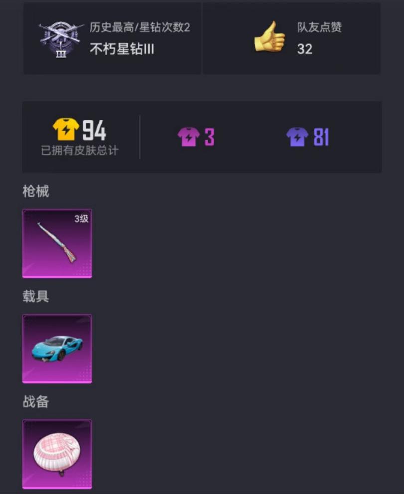 【1载具1特效枪】 安卓Q区-8223热力值--21套装-26枪皮 【1载具】 迈凯伦570S(天际蓝)【1特效枪】 Kar98K-巳巳如意(3级)【7热门】 SS24特训 DBS-彩虹符号 长空猛