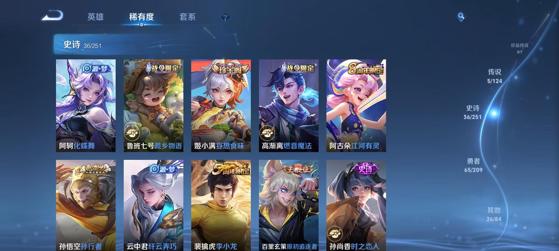 【5传说】安卓Q-119英雄【5传说】鸣野蒿 云鹰飞将 炽阳神光 绛天战甲 音你心动【39史诗】燃音魔法 江河有灵 妄想食味 天穹祈灯 天穹之誓 蔬乡物语 完美运算 舞动绿茵 幽灵船长 功夫厨神 女