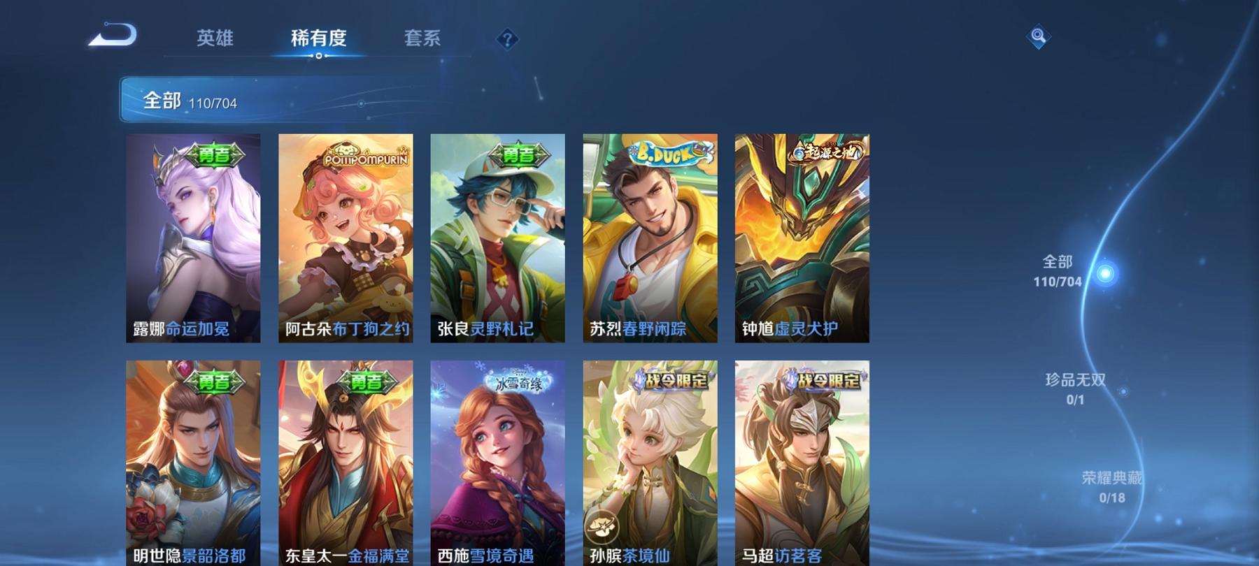 【3传说练手小号】安卓QQ-118英雄-110皮肤【传说皮肤】超时空战士 末日机甲 地狱火【史诗皮肤】茶境仙 舞动绿茵 魅力维加斯 魔术师 鹰眼统帅 逐梦之影 水晶猎龙者 曙光守护者 千年之狐 紫霞