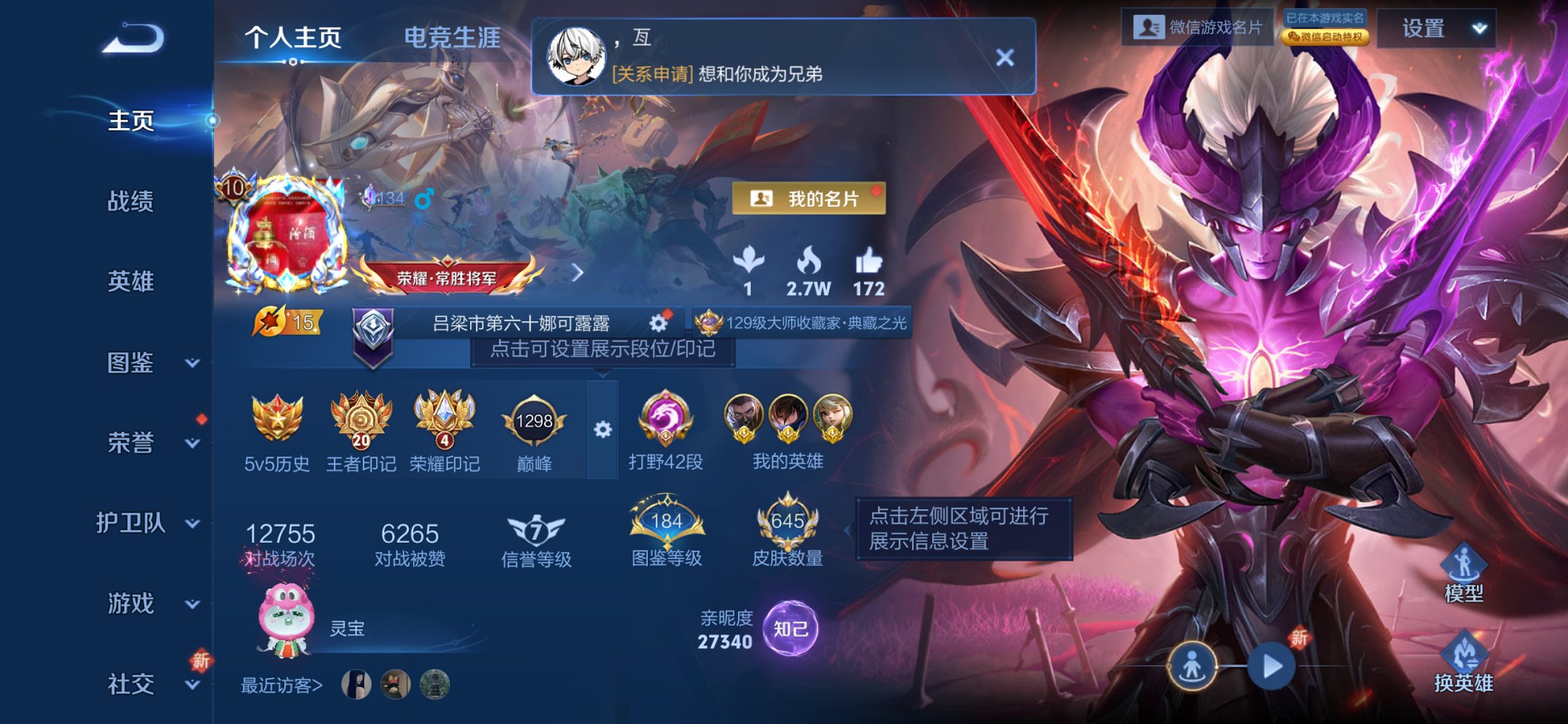 王者荣耀账号苹果VX128英雄-645皮肤-【V10 645皮肤110传说8水晶6无双3珍品10星元2天幕4金标澜打野4