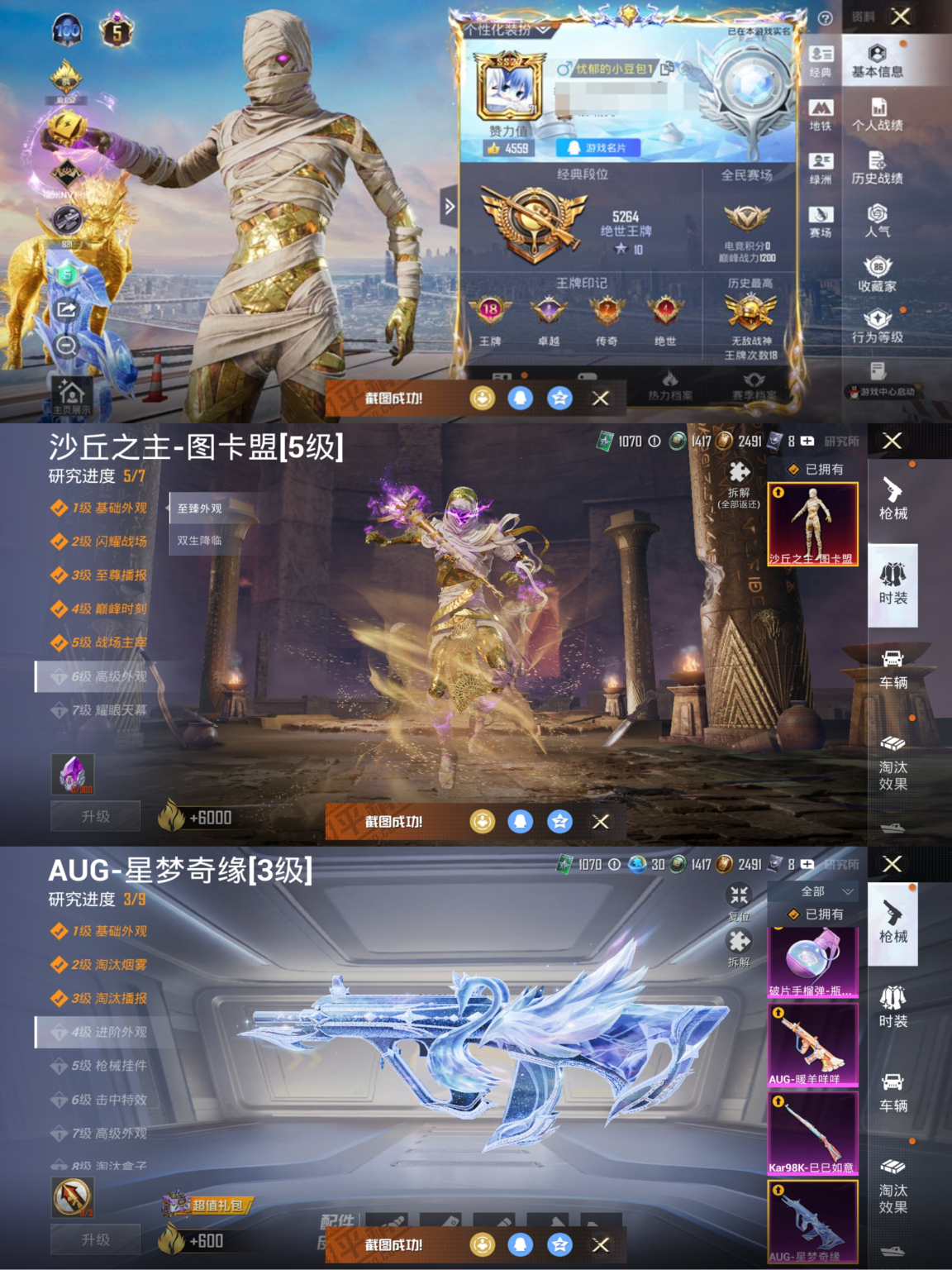 和平精英账号苹果QQ3载具-233套装-350枪皮-【5级图卡盟AUG星梦奇缘战神框黄螳螂小丑女都市男神暗夜之虎15粉装