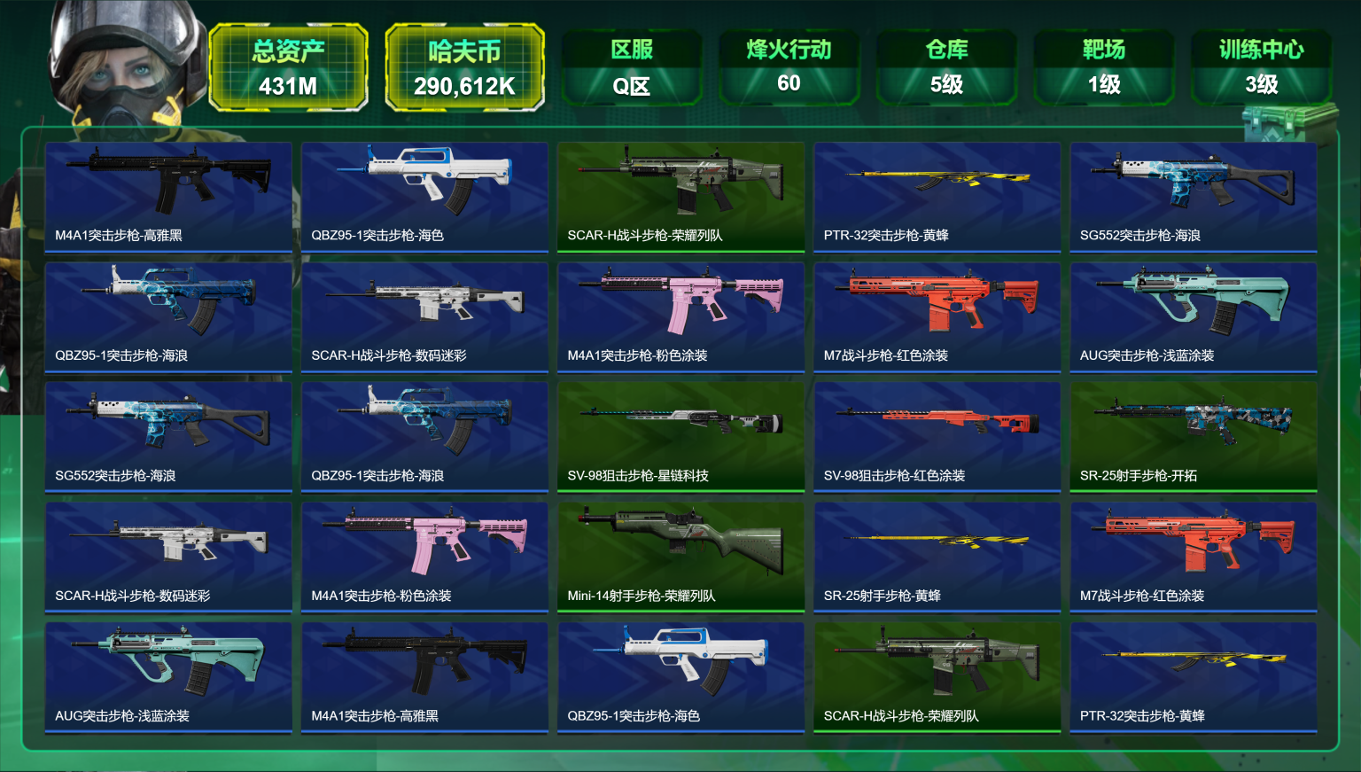 三角洲行动账号QQ总资产431M，哈夫币290,612K，行动等级:60，仓库等级:5级，训练中心等级:3级，靶场等级