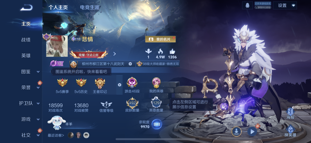 王者荣耀账号苹果QQ【无双v10女号 7水晶492皮肤5无双6珍品42传说4星元5金标游走46段4天幕】苹果QQ-129