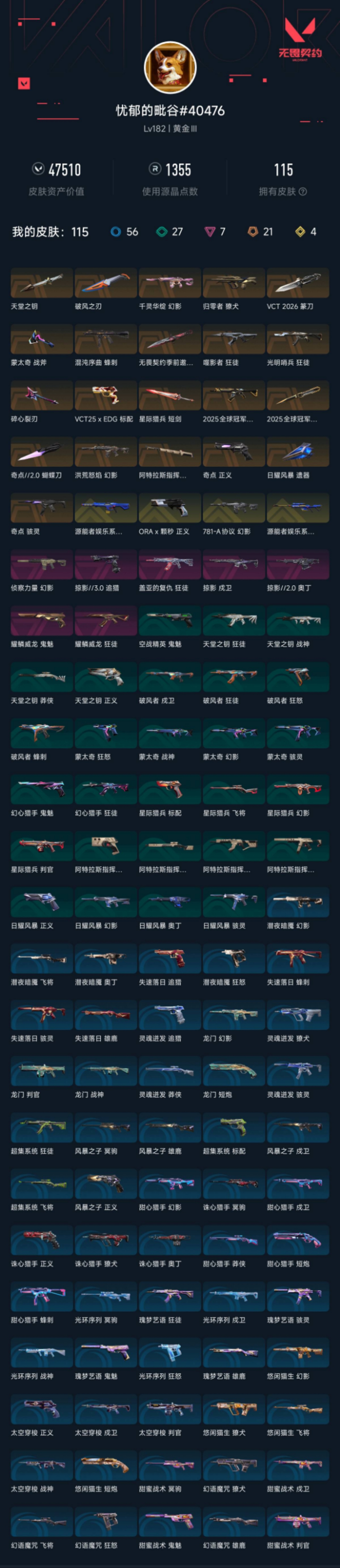 无畏契约账号QQ【皮肤总价值47510, 等级Lv182,段位黄金III,套装数量3,近战数量11,皮肤数量115,