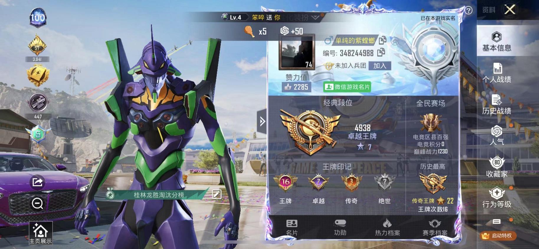 和平精英账号苹果微信特效枪5载具】 苹果V区-104655热力值-16印记-208套装-303枪皮 【5载具】 宾利BA