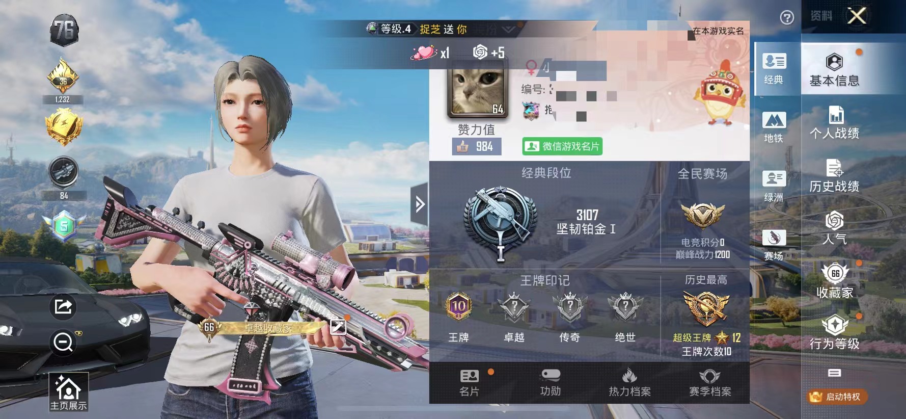 和平精英账号苹果微信2载具-138套装-188枪皮-【都市猎人M4超新星6粉装5特效枪2载具】 苹果V区-64029热力