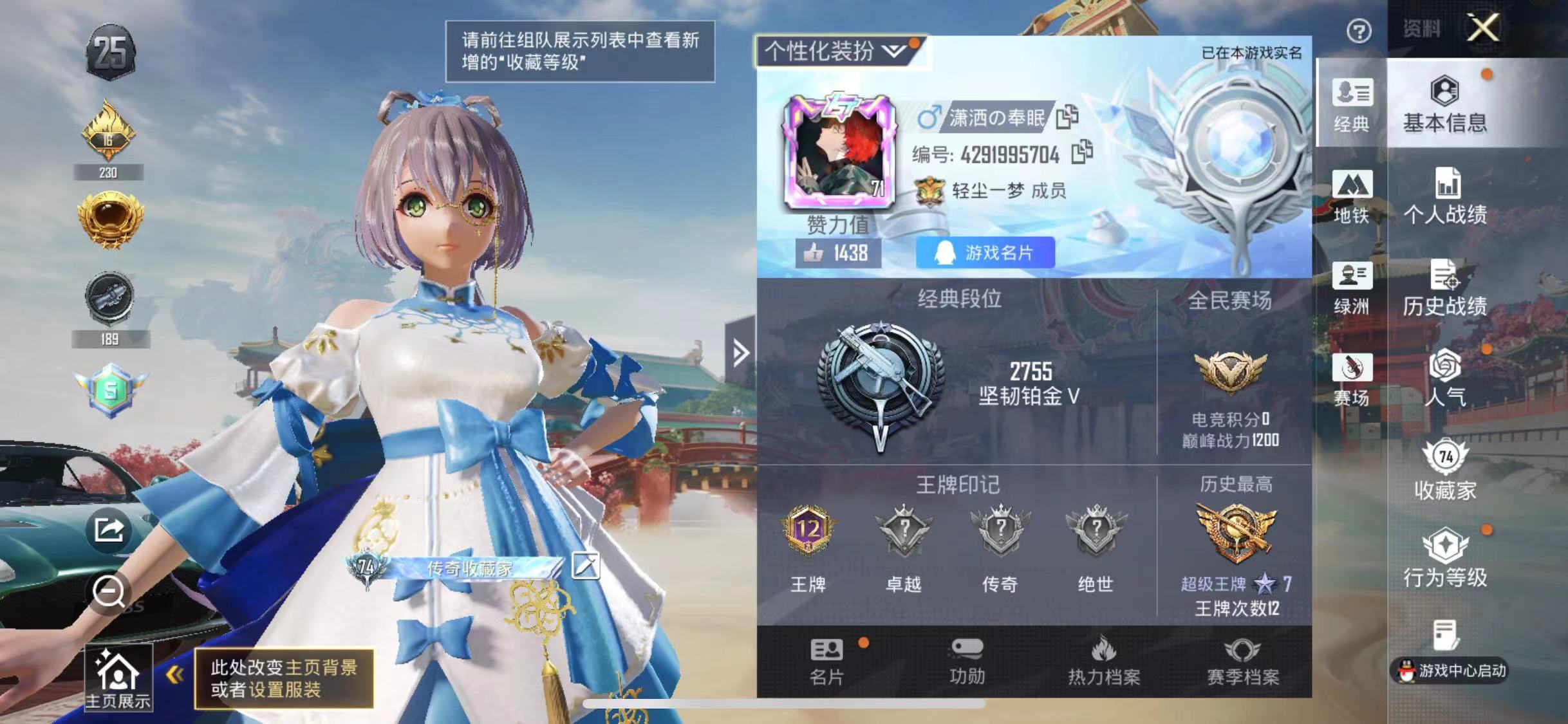 和平精英账号苹果QQ可二次【10粉装6特效枪3载具】 苹果Q区-99096热力值-12印记-208套装-271枪皮 【3