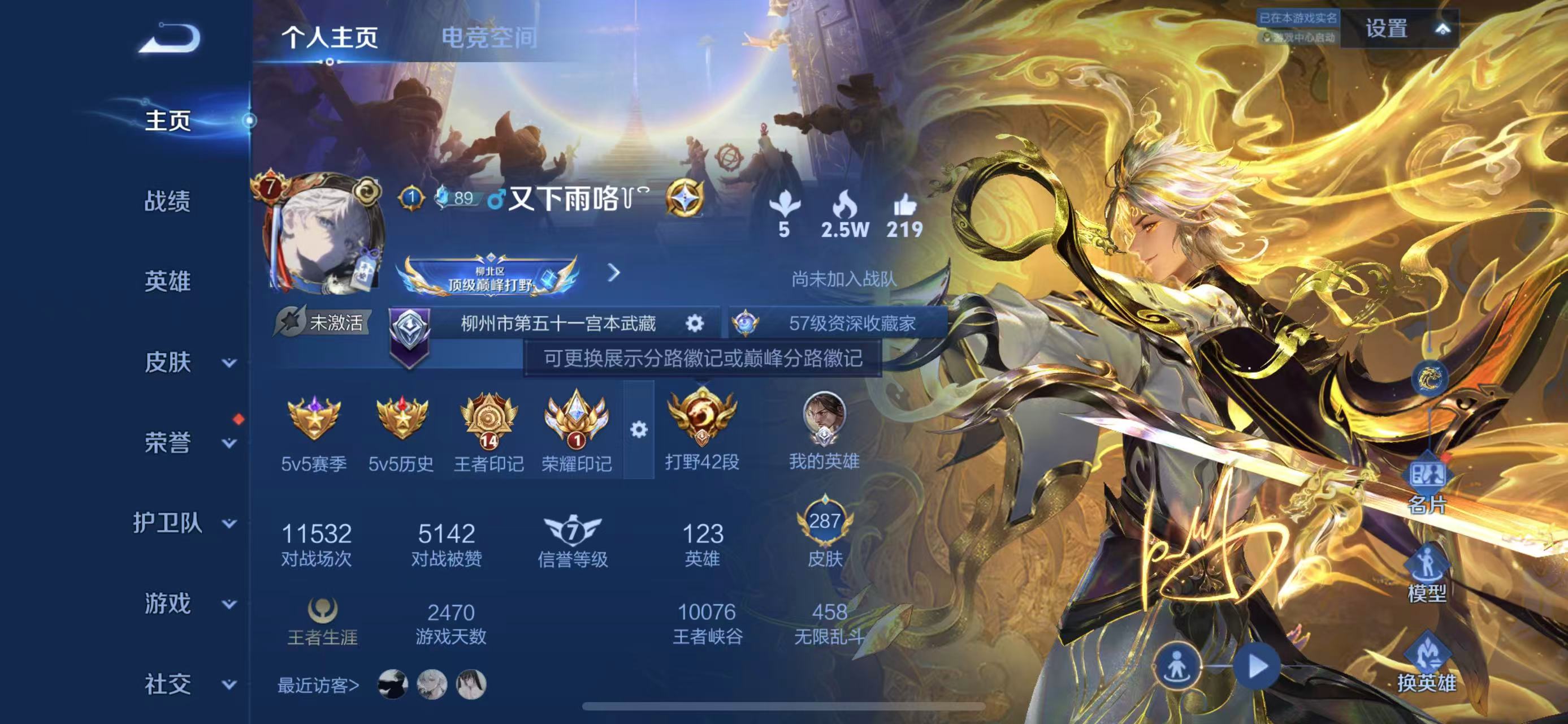 王者荣耀账号苹果QQ水晶1无双15传说】苹果QQ-123英雄-287皮肤【2水晶】 星域神启 鸣剑·曳影【无双皮肤】器灵