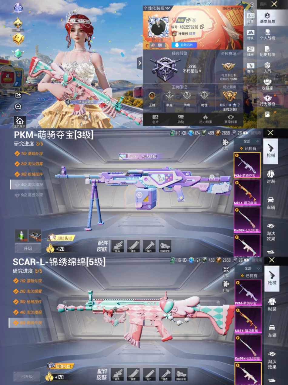 和平精英账号安卓QQ【2粉装4特效枪 秒换绑不用等】 安卓Q区-34463热力值-103套装-130枪皮 【2粉装】 未来领航者 星之彼岸【2特效枪】 SCAR-L-锦绣绵绵(5级) Kar98K-巳巳如意(5级)【4热